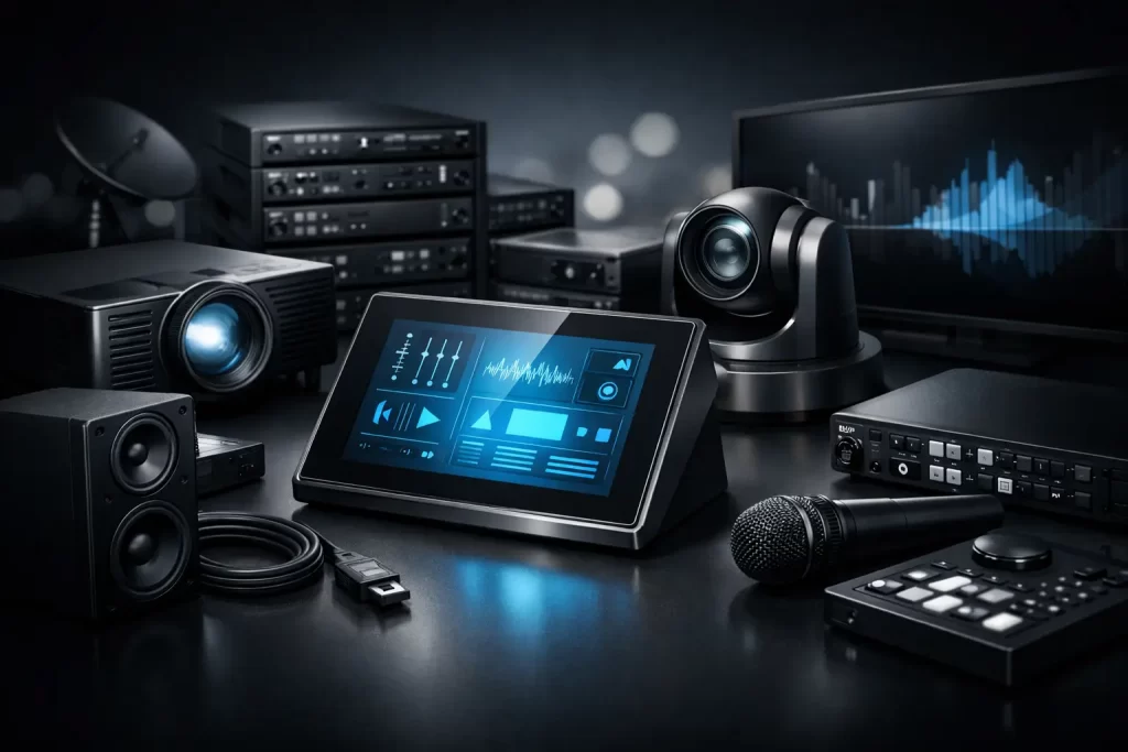 A modern audiovisual control station with a touchscreen panel displaying waveforms, flanked by speakers, a microphone, and camera in a dark studio setting, ready for production.